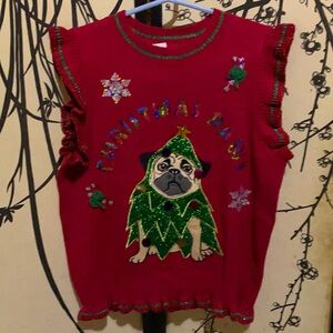 New York Laundry Women’s Red Christmas Sweater W/Pug Dog Design